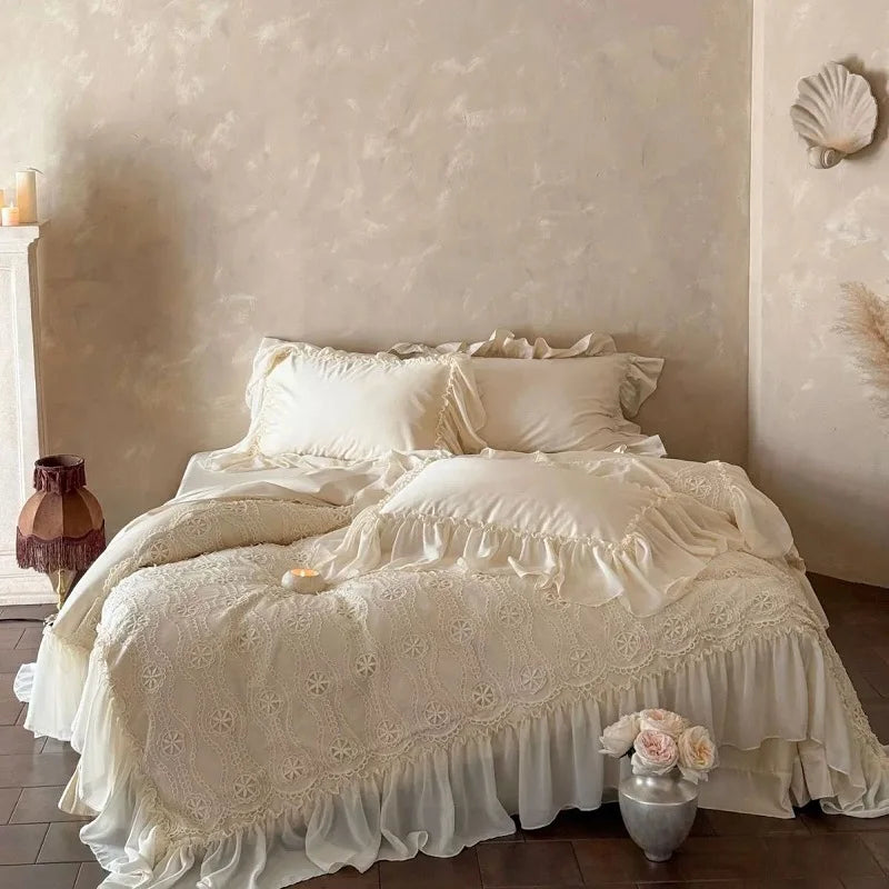 French Elegant Lace Ruffles Princess Wedding Bedding Set