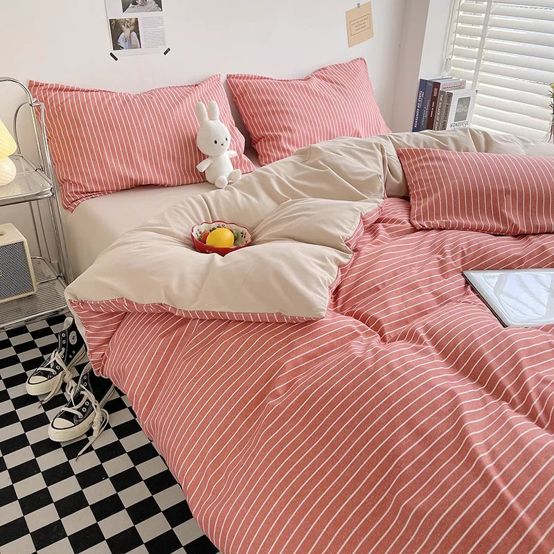 Brushed Japanese Muji-Style Plaid Striped Duvet Cover and 2 Pillowcases minimal queen twin size quilt cover 3pcs bedding sets