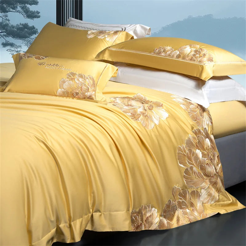 1000TC Egyptian Cotton Chinese Style Flowers Embroidery Luxury Bedding Set