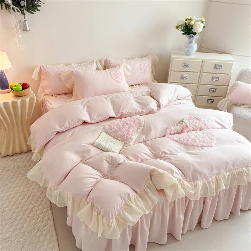 3/4Pcs French Princess Style Washed Cotton Embroidered Pink Rose Bed Skirt Fitted Sheet 200X230 Quilt Cover Bedding Set