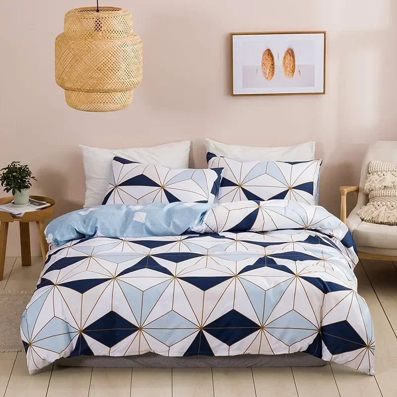 Brushed Print Blue Golden Diamond Duvet Cover Set Geometric Pattern Bedding Set