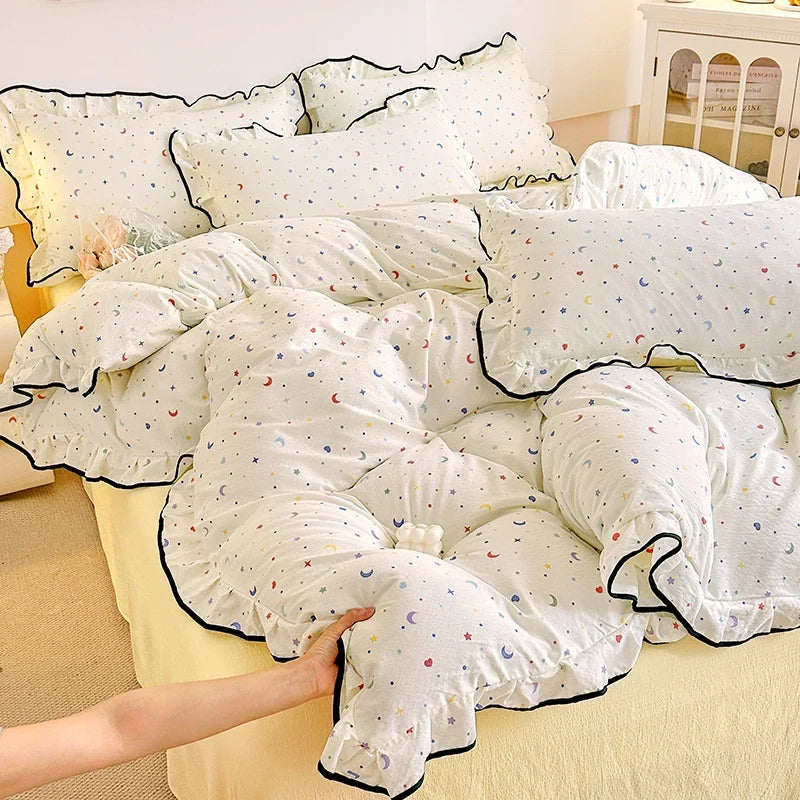 Heart Print Duvet Cover Set Princess Style Lace Ruffles Bedding Set