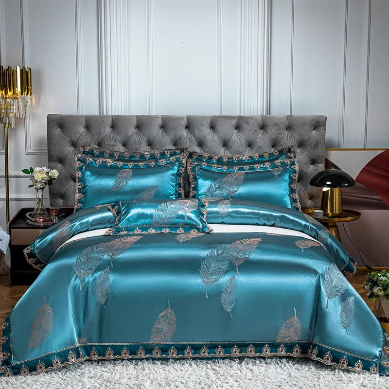 Luxury Euro Gold Satin Jacquard Lace Bedding Set