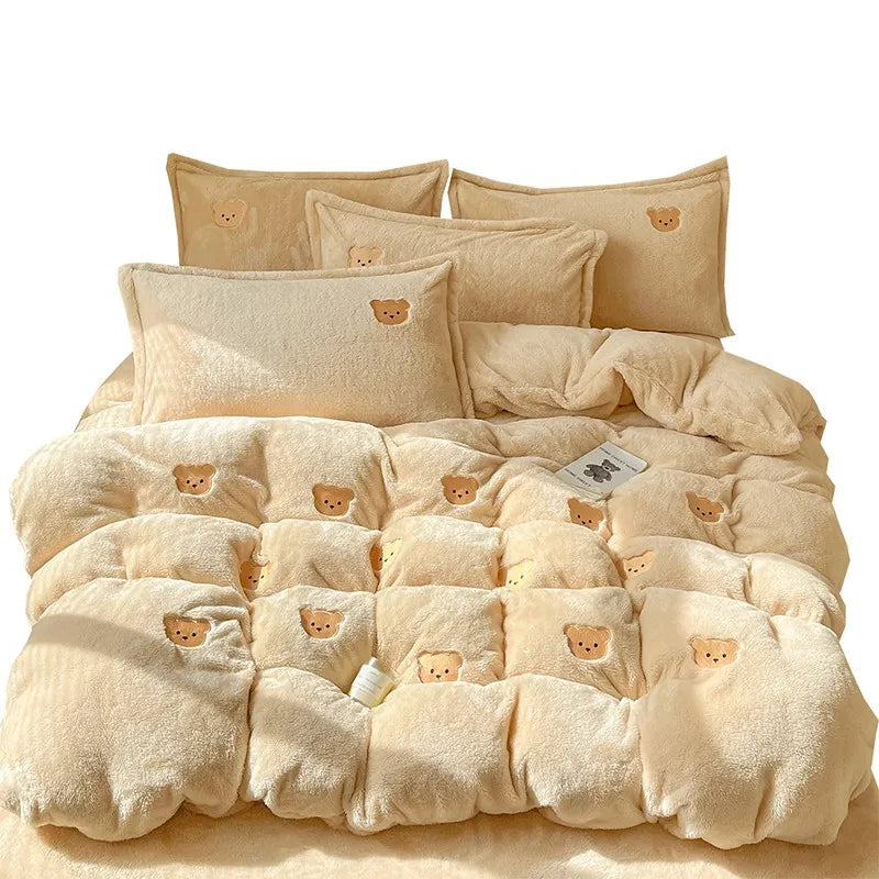 Cartoon Embroidered Plush 4pcs Bedding Set