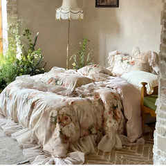 Vintage French Rose Flowers Print Lace Ruffles Bedding Set