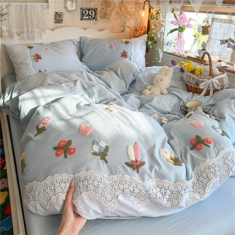 3/4Pcs Korean Princess Style Floral Embroidered Towel Bedding Set