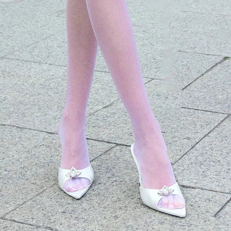 Wedding Slippers Ladies Satin Rhinestone Slides Ladies Bridesmaid Slippers Solid Color Women Heels