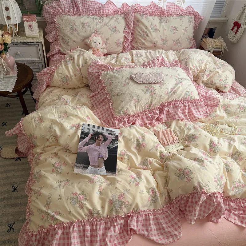 Korean Princess Style Floral Ruffles Bedding Set