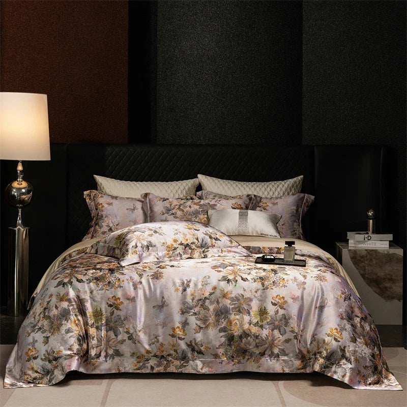 Luxury Blooming Flowers Satin Jacquard 1000TC Egyptian Cotton Bedding Set