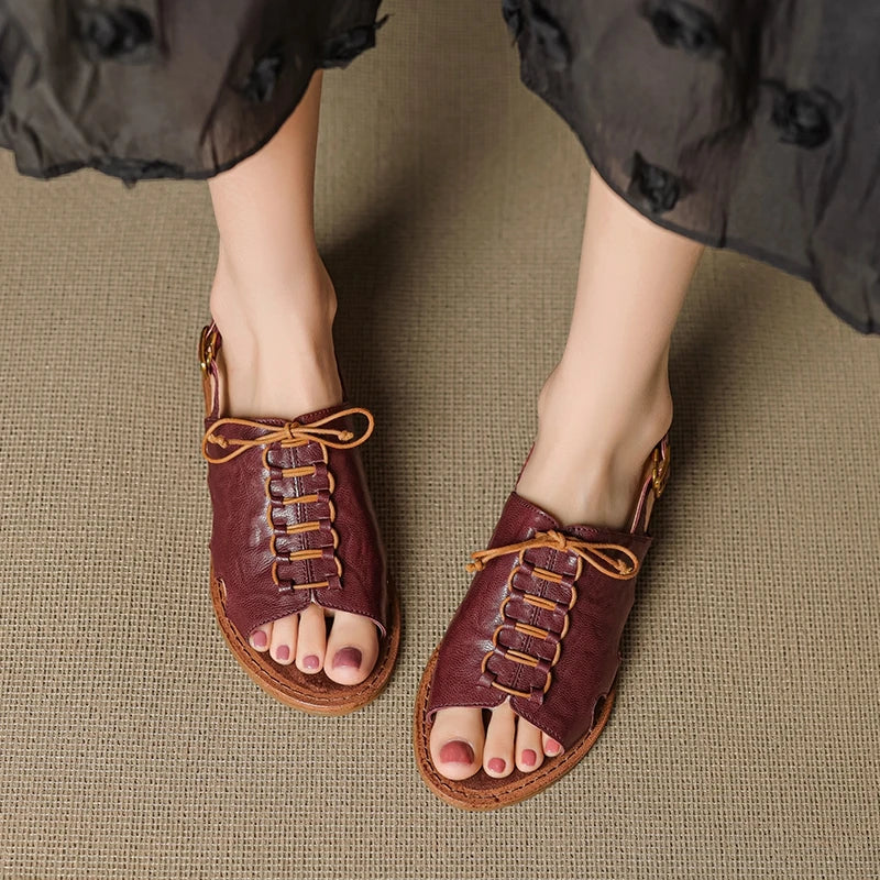 leather sheepskin elastic lace up low Heel
