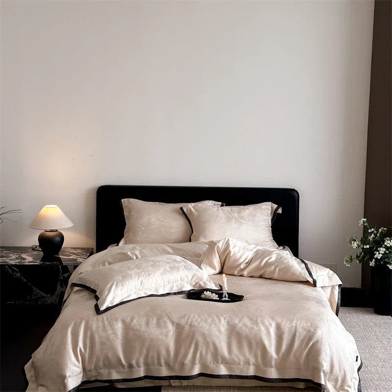 Luxury Lyocell Cotton Jacquard Bedding Set, Scenic Pattern Duvet Cover Set with Pillowcases, Soft Bed Sheet/Fitted Sheet, 4Pcs