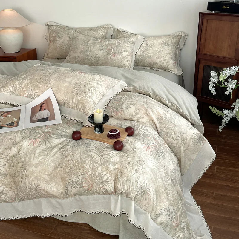 Vintage Floral Print Lace Luxury Bedding Set