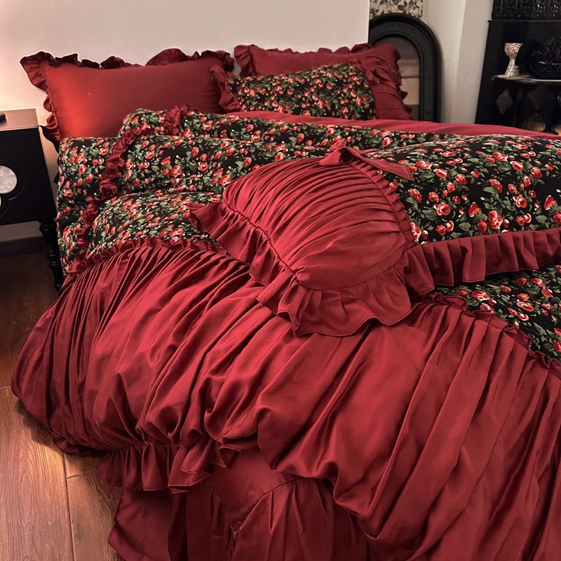 Vintage Floral Pleated Ruffles Bow 1000TC Egyptian Cotton Bedding Set