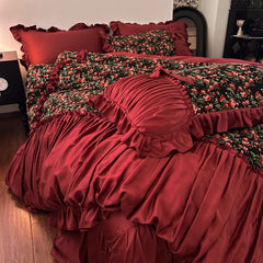 Vintage Floral Pleated Ruffles Bow 1000TC Egyptian Cotton Bedding Set