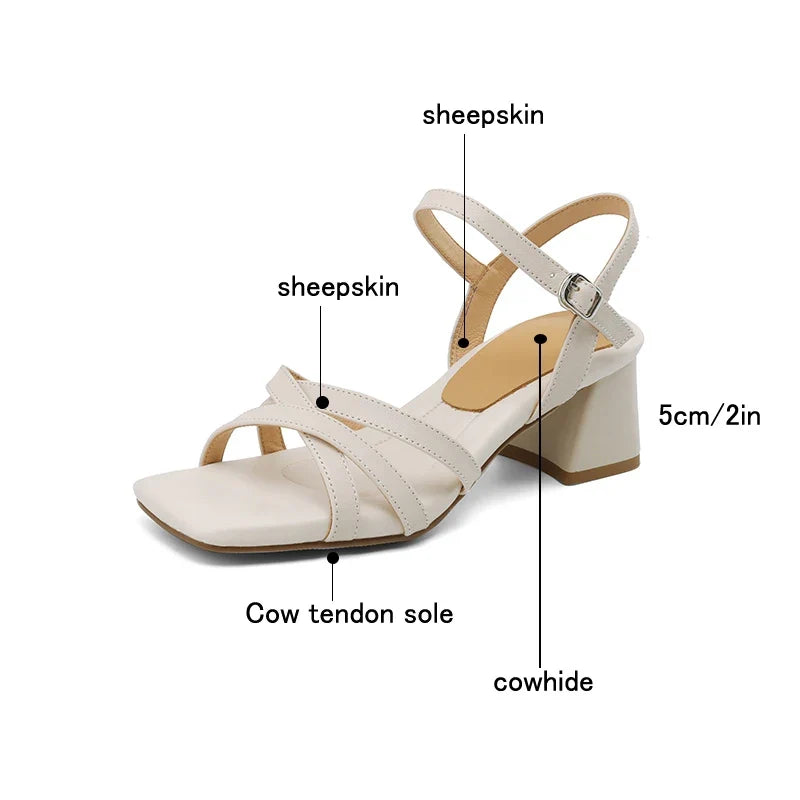 Sheepskin Square Toe Open Toe High-Heeled Thick Heel