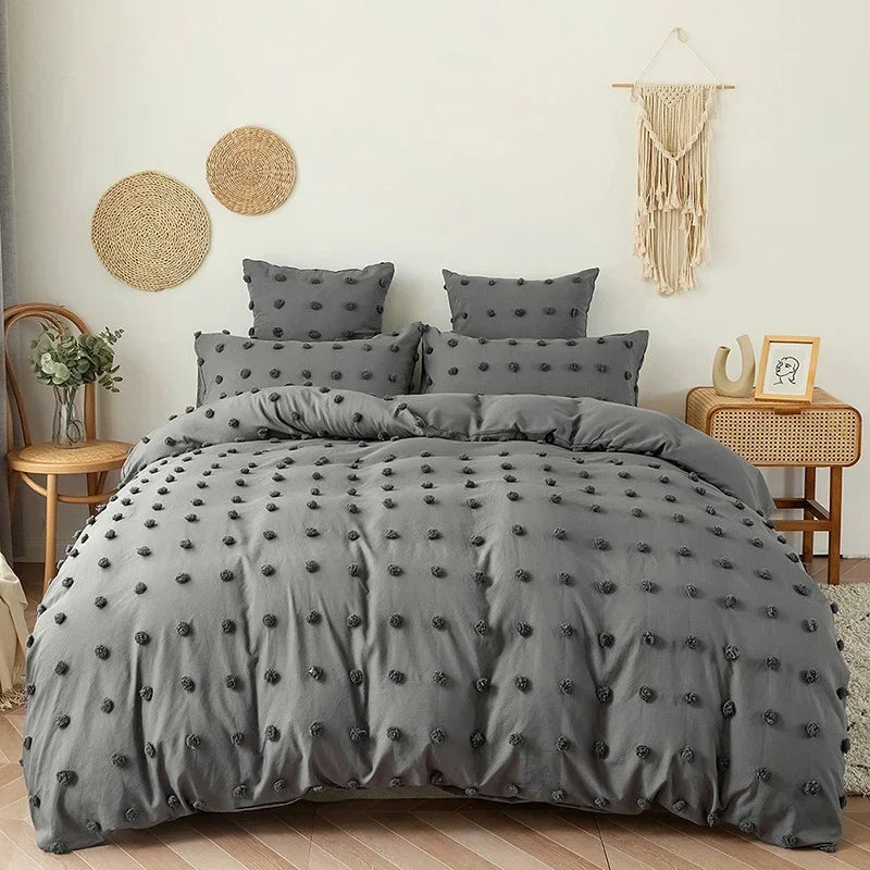 White Tufted Pom Pom Duvet Cover Set Soft Single Double Bedding Solid Color Quilt Cover with Pillowcases Queen King Bed Linen