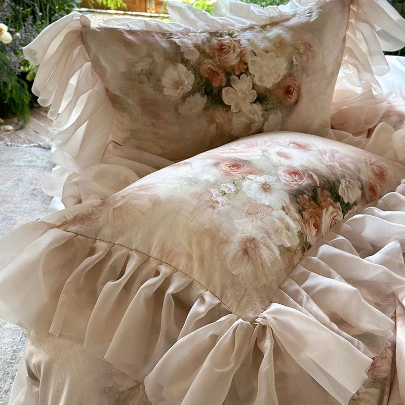 Vintage French Rose Flowers Print Lace Ruffles Bedding Set
