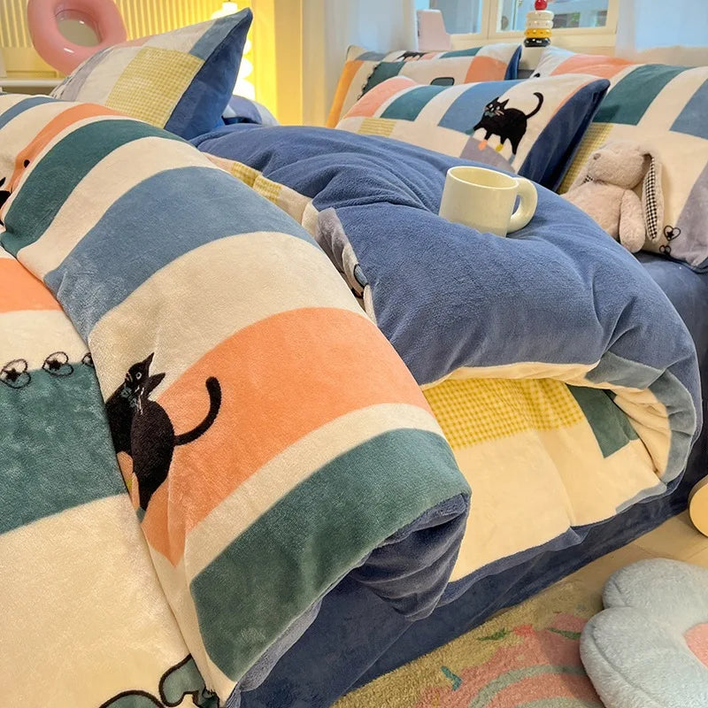 Cute Cartoon Winter Warm Quilt Cover Set Queen Bedding Set