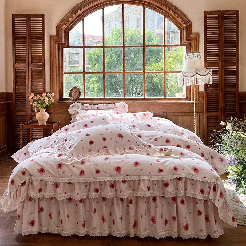 4/6Pcs  Korean Princess Style Rose Print Lace Ruffles Bedding Sets