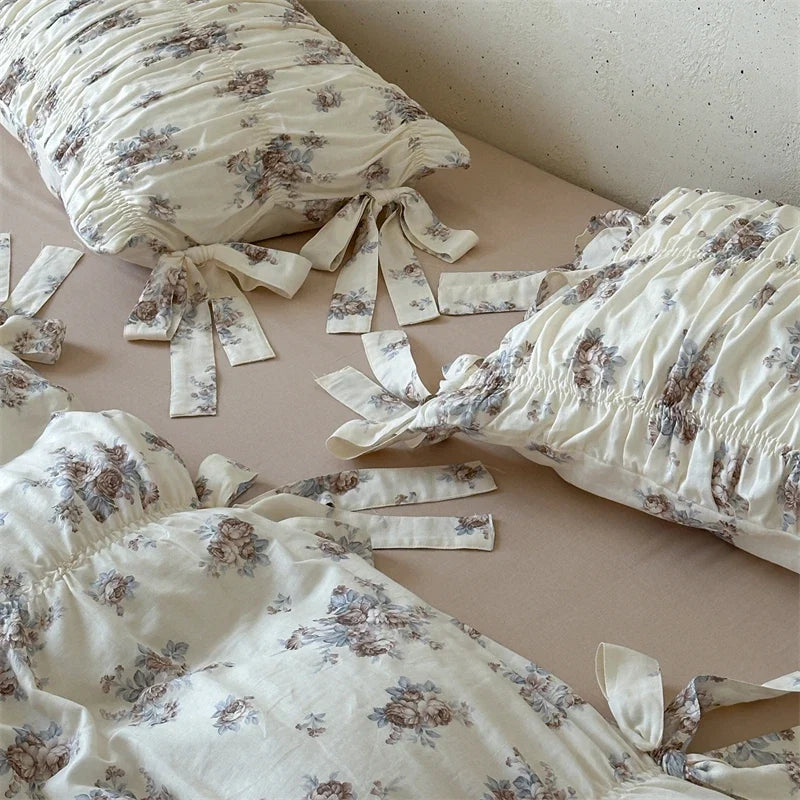 French Country Vintage Floral 100% Cotton Bedding Set, Ruched Bow Tie Duvet Cover, Shabby Chic Ruffle Bed Linen with Pillowcases