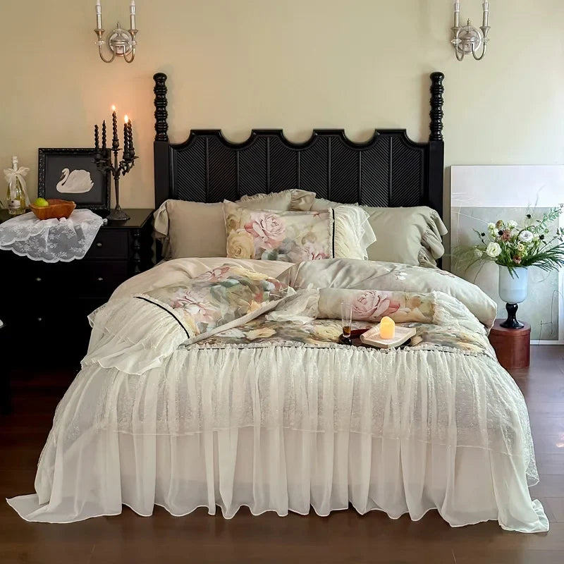 600TC Egyptian Cotton Thickened Brushed Rose Print Lace Ruffles Bedding Set