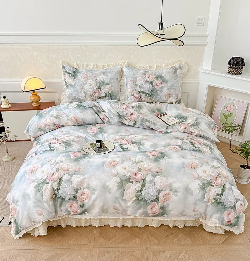 Korean Princess Style Floral Print Lace Ruffles Bedding Set