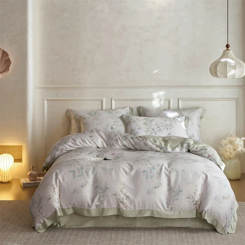 600TC Lyocell Duvet Cover Set - Soft Floral Print Bedding Set, Breathable Cooling Bed Sheet with Pillowcases for Queen/King Size