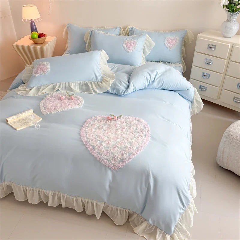 3/4Pcs French Princess Style Washed Cotton Embroidered Pink Rose Bed Skirt Fitted Sheet 200X230 Quilt Cover Bedding Set