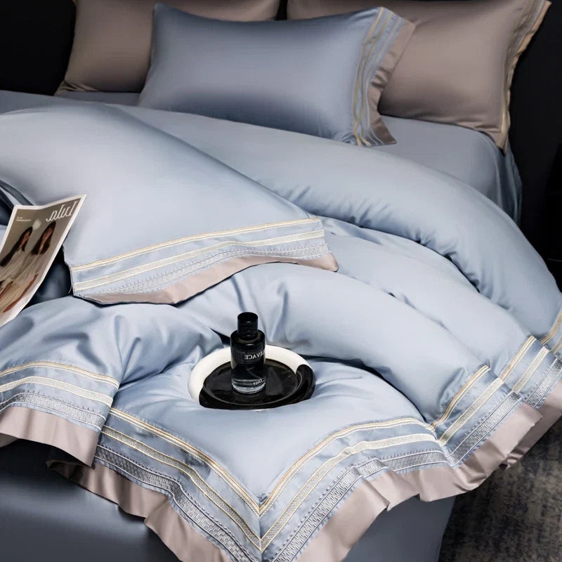 Luxury 600TC Long Staple Cotton Bedding Set, Cream White with Grey Embroidery Border, Soft Duvet Cover Flat Sheet Pillowcases