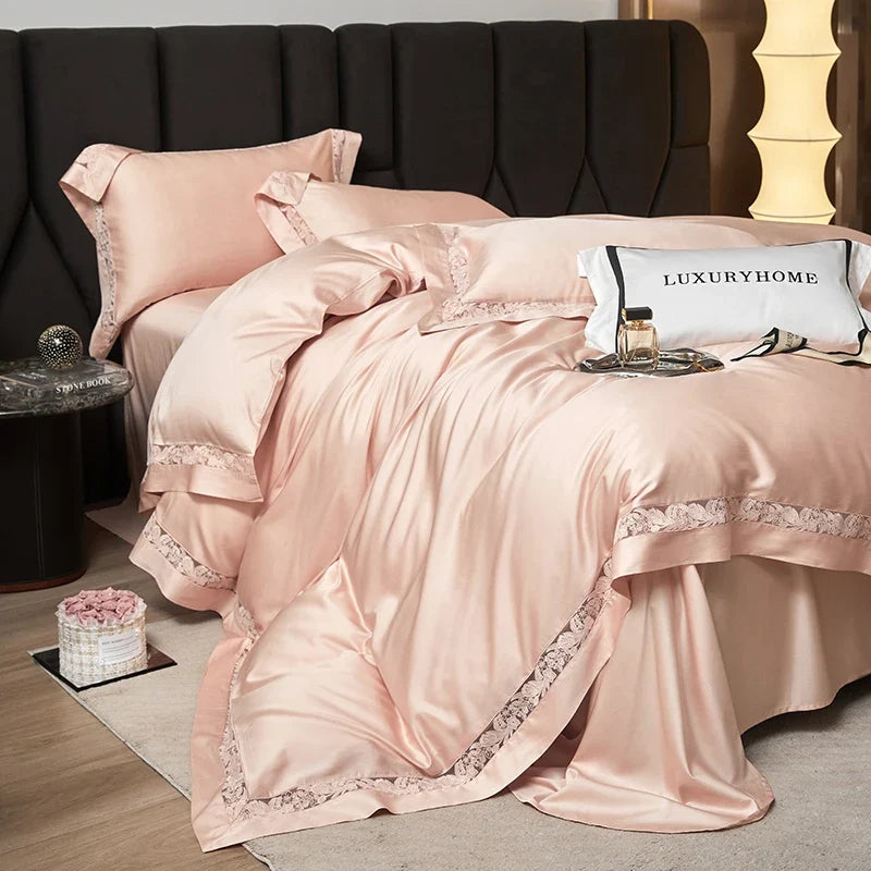 1000TC Lyocell Cotton Hollow Flowers Wide Edge Luxury Bedding Set