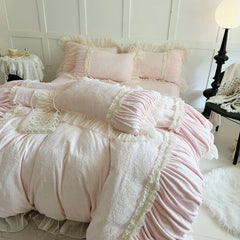 Pink Princess Style Pleated Lace Ruffles Carved Velvet Warm Soft Bedding Set