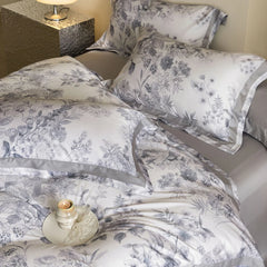 Luxury 600TC Lyocell Cotton Bedding Set, Floral Print Duvet Cover Set with Pillowcases, Soft Silky Bed Sheet/Fitted Sheet 4Pcs