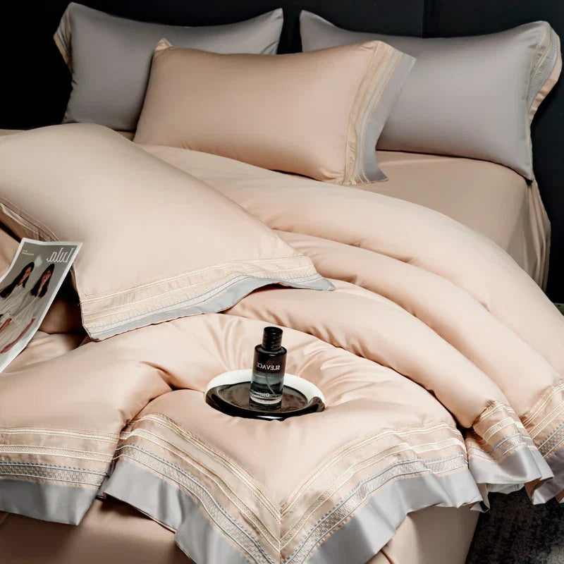 Luxury 600TC Long Staple Cotton Bedding Set, Cream White with Grey Embroidery Border, Soft Duvet Cover Flat Sheet Pillowcases
