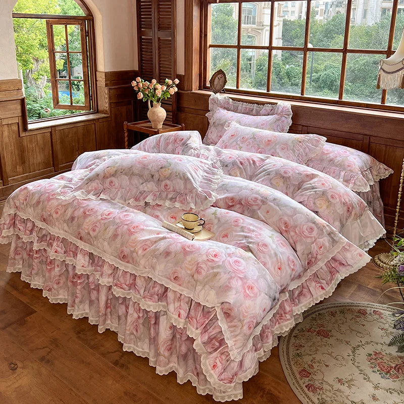 4/6Pcs  Korean Princess Style Rose Print Lace Ruffles Bedding Sets