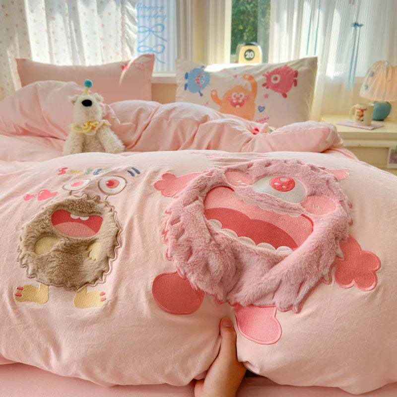 Cute Pink Cartoon Cat Bow Towel Embroidery Girls Kids Bedding Set