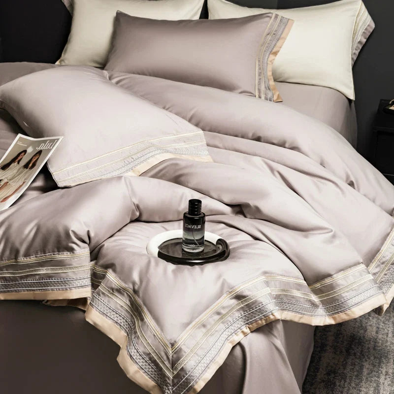 Luxury 600TC Long Staple Cotton Bedding Set, Cream White with Grey Embroidery Border, Soft Duvet Cover Flat Sheet Pillowcases