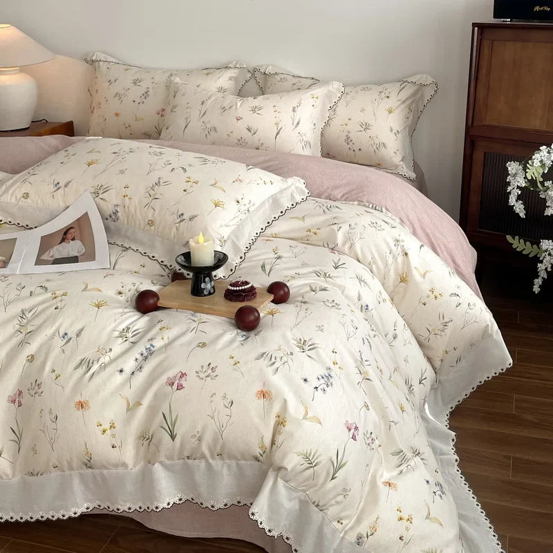 Vintage Floral Print Lace Luxury Bedding Set