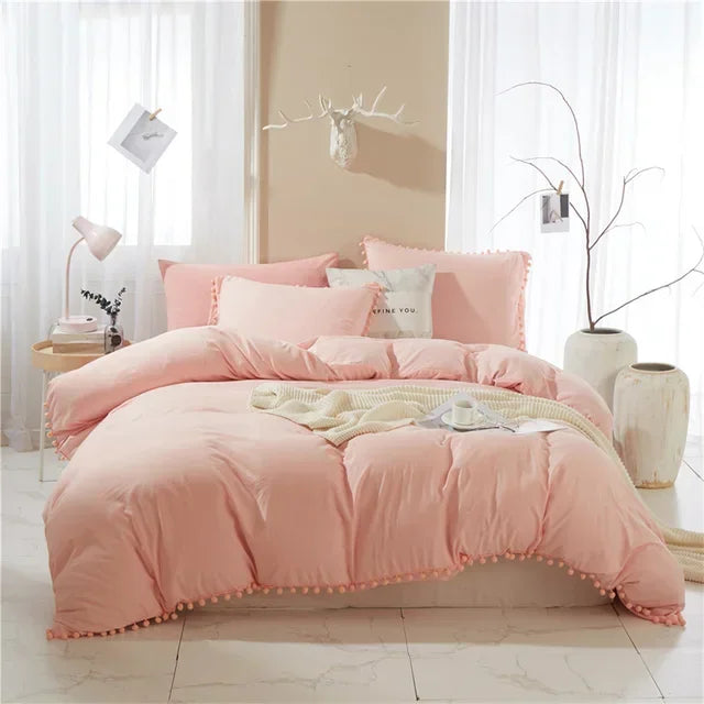 Twin Queen Size Solid Color Duvet Cover Set Pom Tassel Soft Microfiber Bedding Set