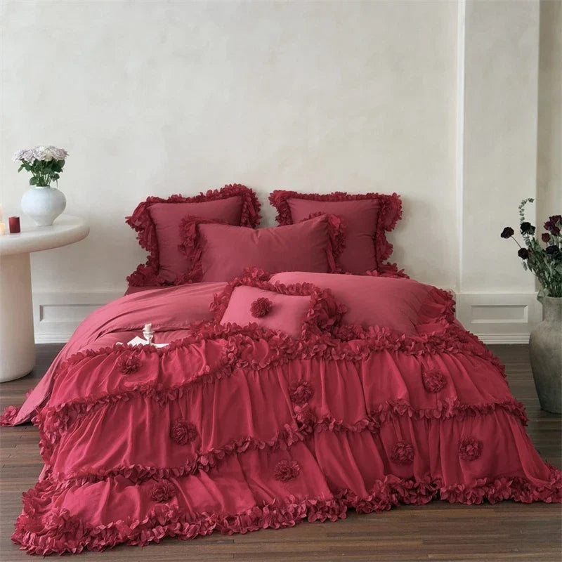 Romantic Lace Ruffles Flowers Princess Wedding Bedding Set