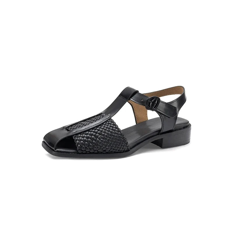 leather woven cowhide round toe