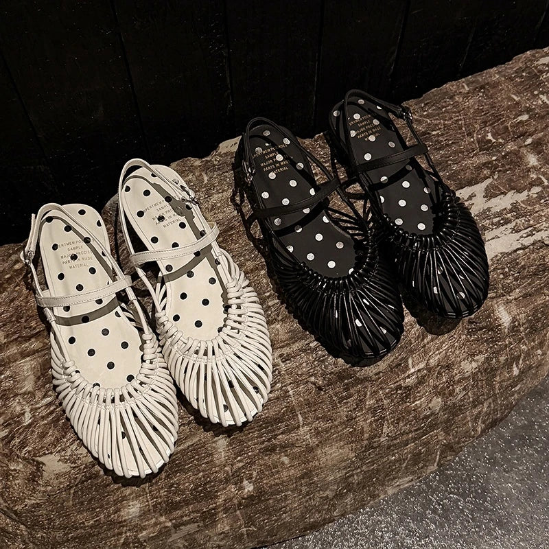 leather cowhide round toe hollow out comfortable breathable loose grip low Heel