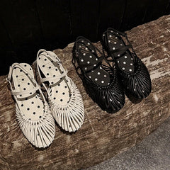 leather cowhide round toe hollow out comfortable breathable loose grip low Heel