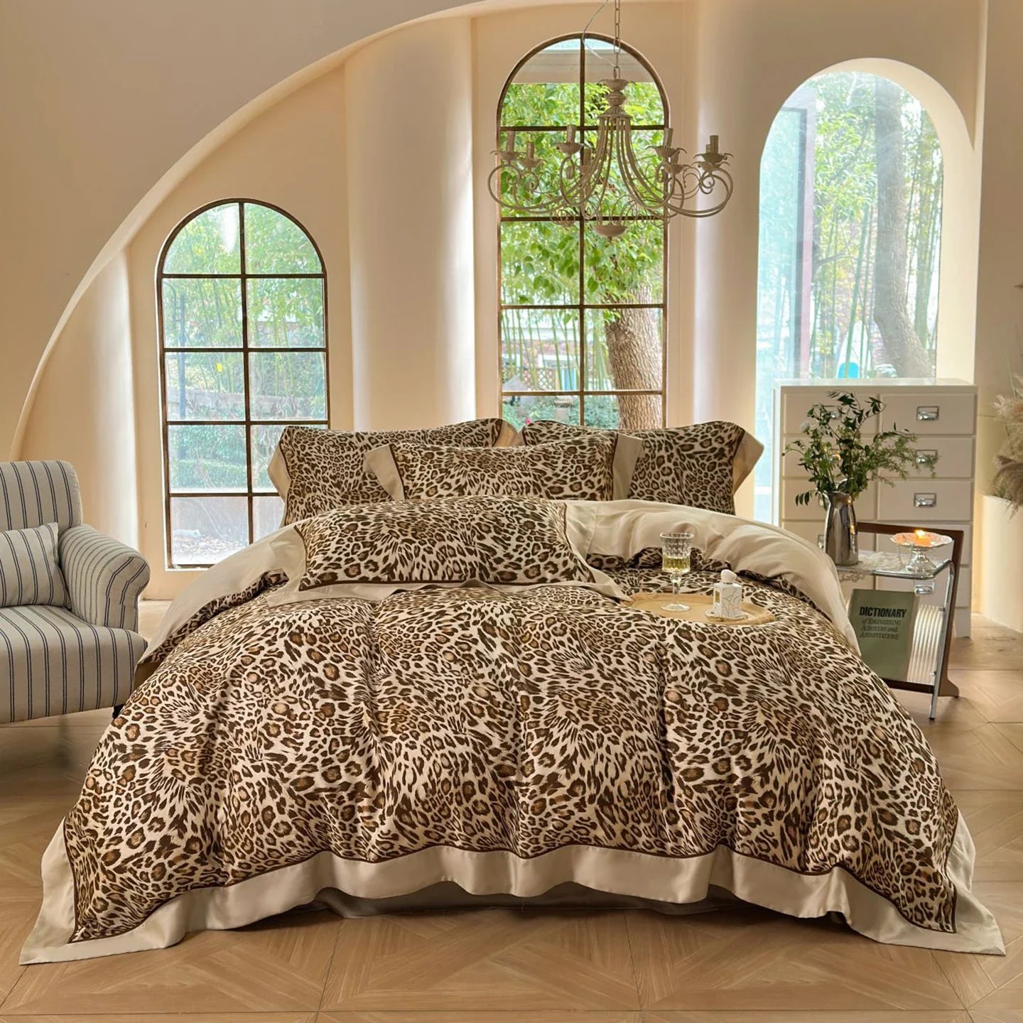 600TC Lyocell Eucalyptus Fiber Cooling Silky Leopard Print Luxury Bedding Set