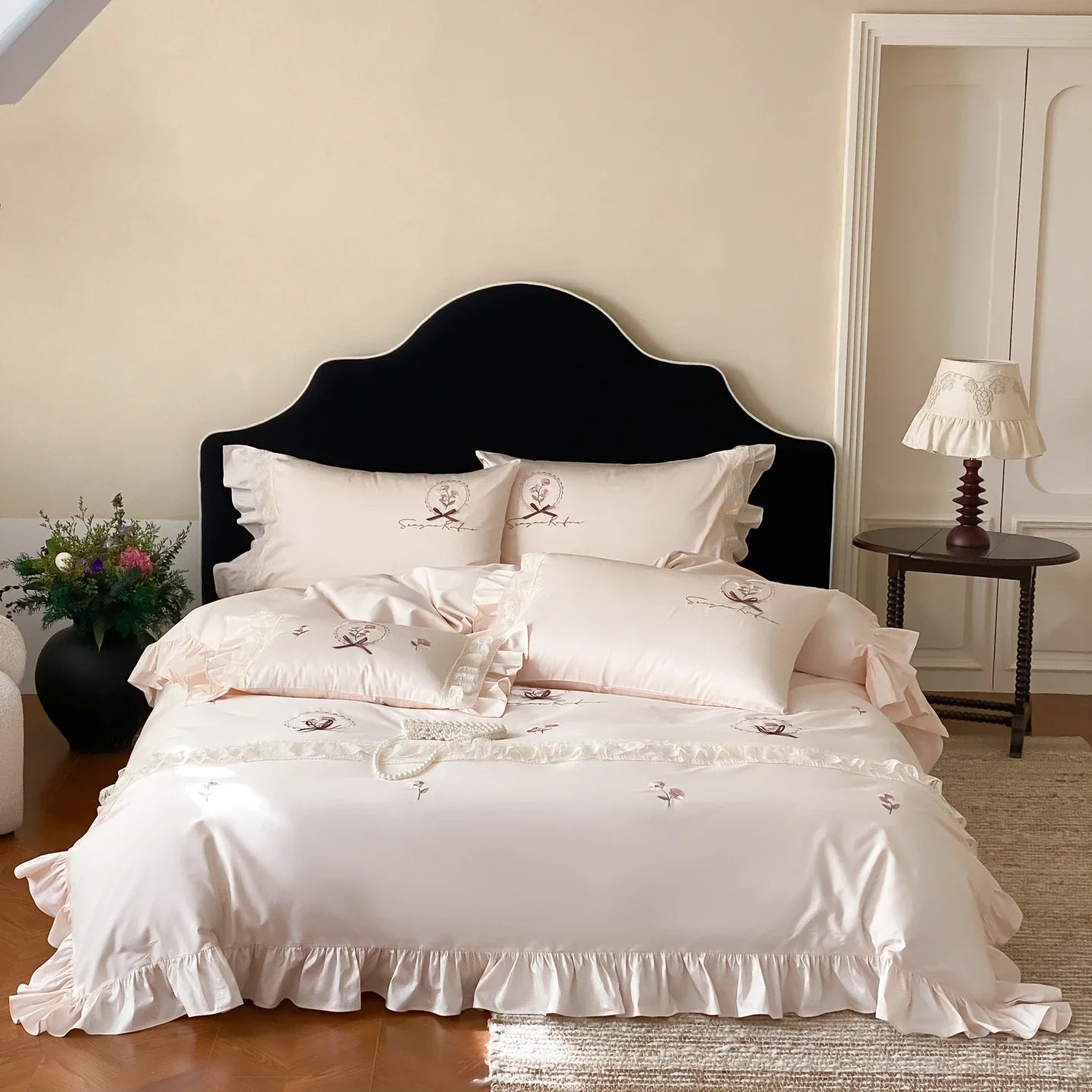 Pink Flowers Embroidery Lace Ruffles Bedding Set