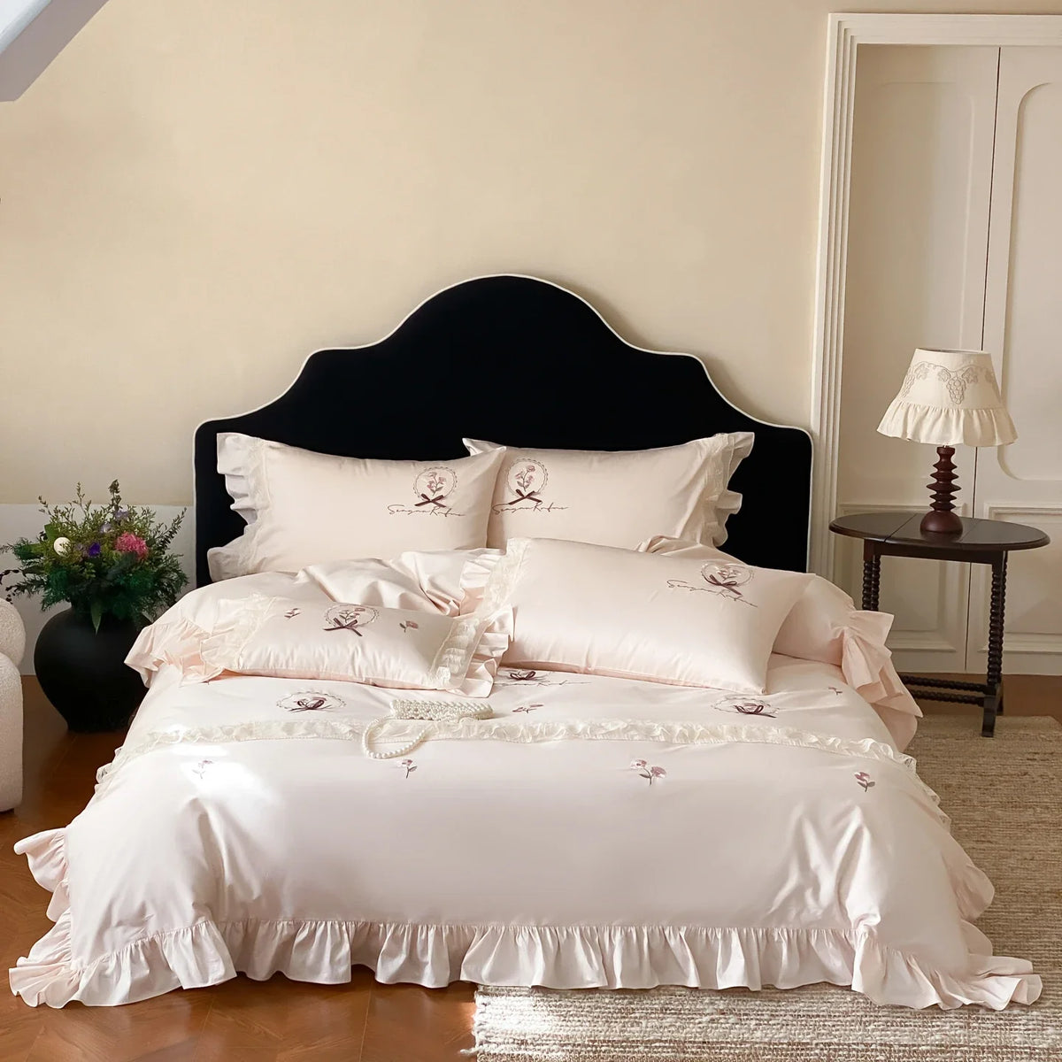 Pink Flowers Embroidery Lace Ruffles Bedding Set