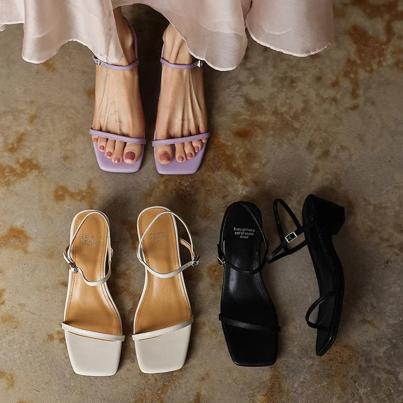 leather cowhide square toe simple elastic buckle middle Heel