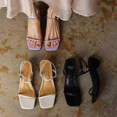 leather cowhide square toe simple elastic buckle middle Heel