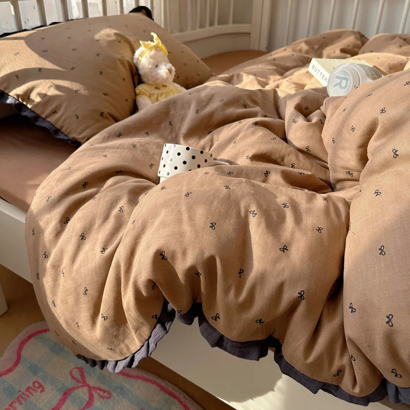 French Style Lace Trim Washed Cotton 4 Piece Bedding Set