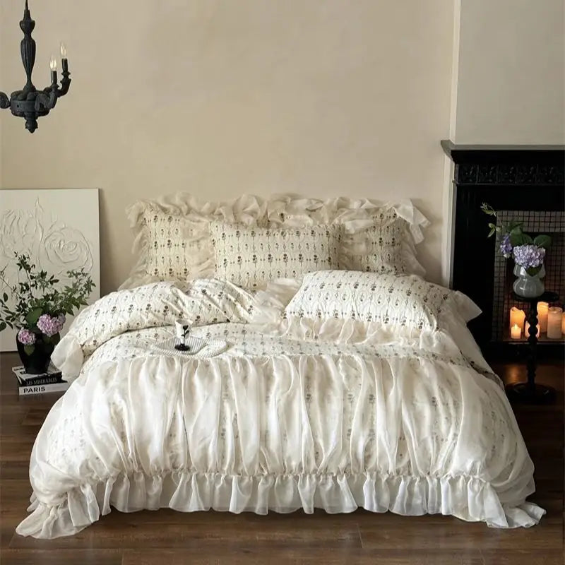 4Pcs Vintage French Pure Cotton Rose Print Pleated Lace Ruffles Bedding Set