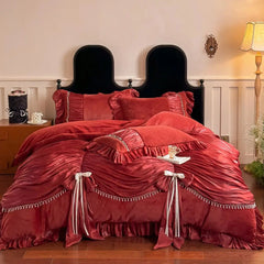Vintage French Palace Style Pleated Lace Ruffles Bow Velvet Warm Bedding Set